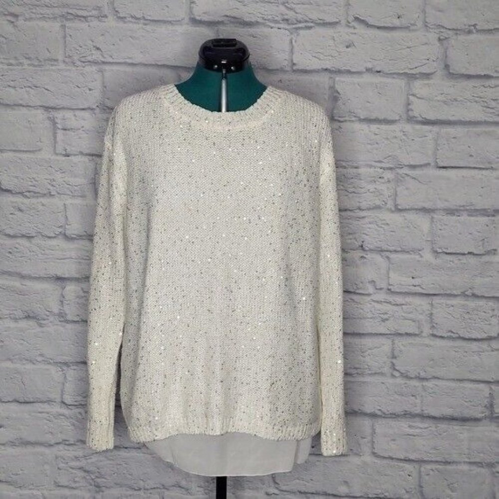 SIMPLY Couture Womens cream cotton blend knit sequin mini Bow back sweater Sz L